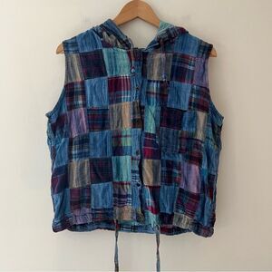 Vintage 90s Y2K Patchwork Vest Cropped Top Hood Blue Size Medium Angelique